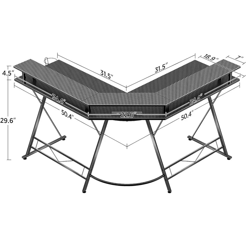 Bureau de jeu en L avec lumières LED et prises de courant, bureau d'ordinateur de 50,4 pouces avec support de moniteur et surface en fibre de carbone