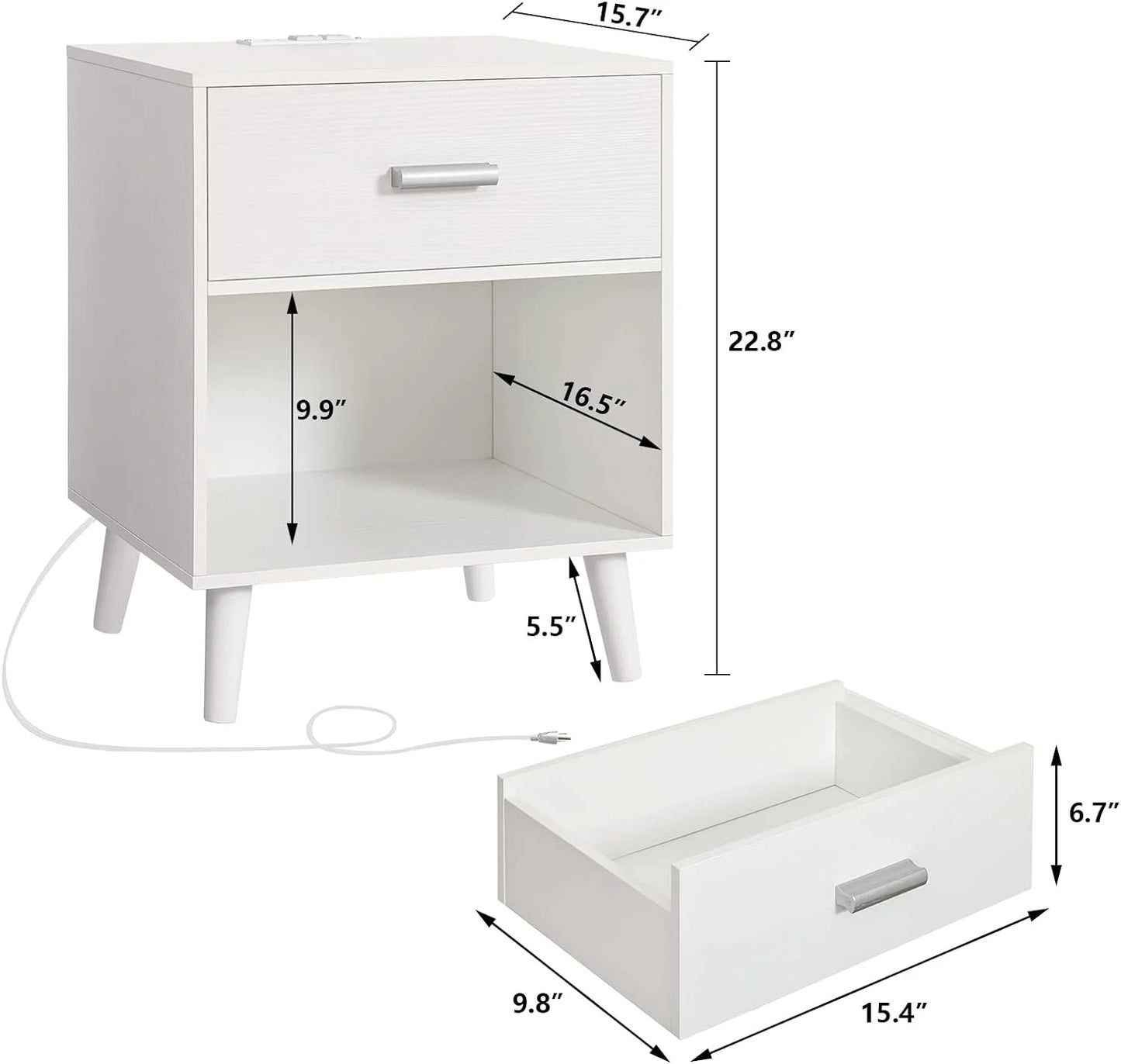 Ensemble de 2 tables de nuit avec station de charge et lumières LED, table d'appoint avec 1 tiroir, table de nuit moderne, blanc