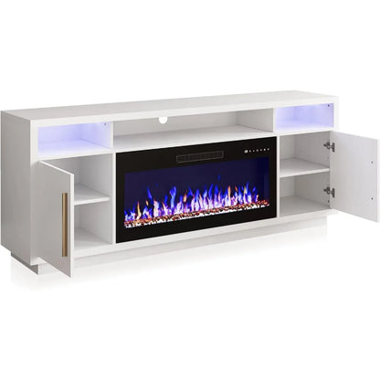 Meuble TV avec cheminée de 70 po pour téléviseurs jusqu'à 75 po, centre de divertissement à éclairage LED avec radiateur de cheminée électrique de 36 po, armoire de rangement