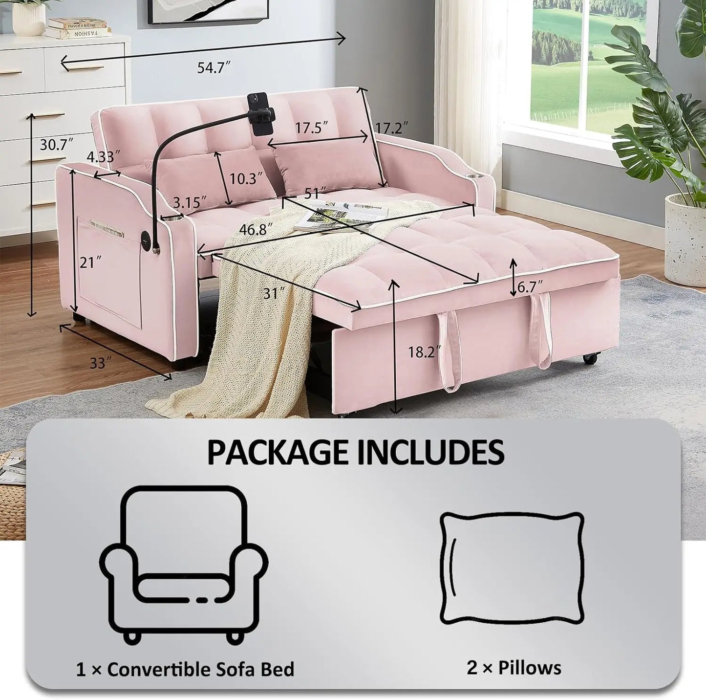 3 in 1 Sleeper Sofa Couch Bed,Velvet Convertible Loveseat Sleeper Sofa Bed,Pull Out Sofa Bed With USB Port & Ashtray