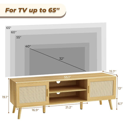 Meuble de maison à 4 trous pour câbles pour téléviseur, pieds en bois massif, console TV en rotin avec 2 armoires, centre de divertissement avec étagère réglable