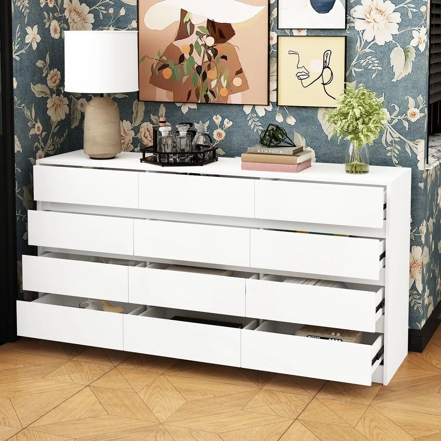 Spacious Dresser No Handles,6/9/12 Drawer Chest w/ Wide Storage, Modern Contemporary Cabinet,Black/White/Brown/Oak-White