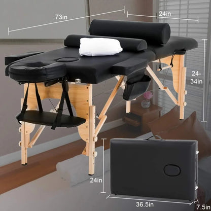 Massage Table Massage Bed Spa Bed 73 inch Long Height Adjustable Portable 2 Folding Table W/Sheet Cradle Bolsters Hanger