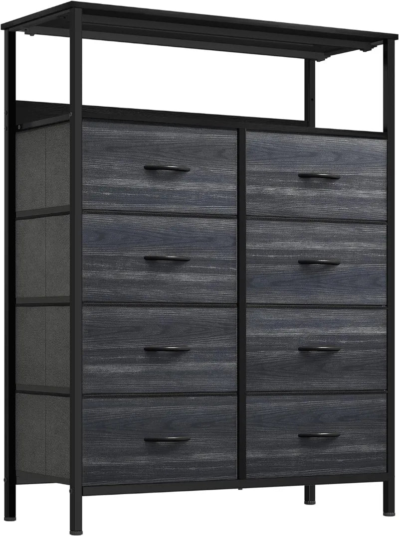 8-Drawer Fabric Dresser with Shelves, Furniture Storage Tower Cabinet, Organizer for Bedroom,, Easy Pull Fabric Bins(Black Grey)