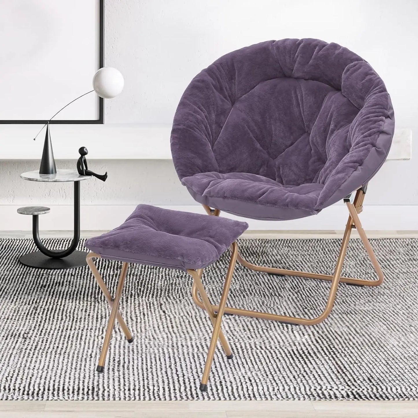 Round Foldable Oversized Moon Saucer Chair for Adults with Ottoman Foot Rest Large Cozy Chair for Bedroom, Purple 2-Set