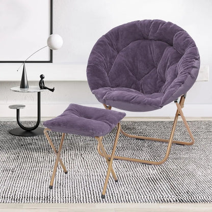 Sillón redondo plegable de gran tamaño con forma de luna para adultos con reposapiés otomano, sillón grande y cómodo para dormitorio, color morado, juego de 2