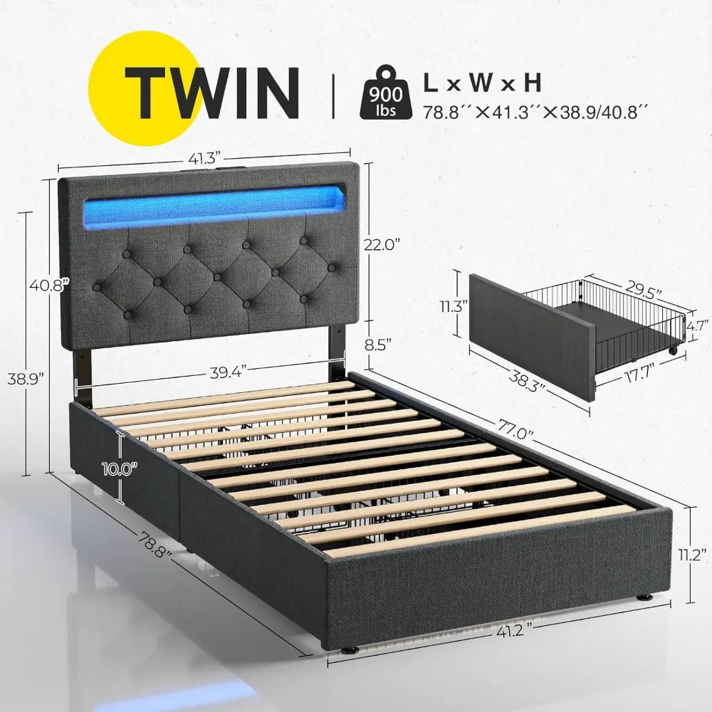 Marco de cama tamaño twin con luces LED y estación de carga, cama tapizada con cajones, tablones de madera y fácil de ensamblar