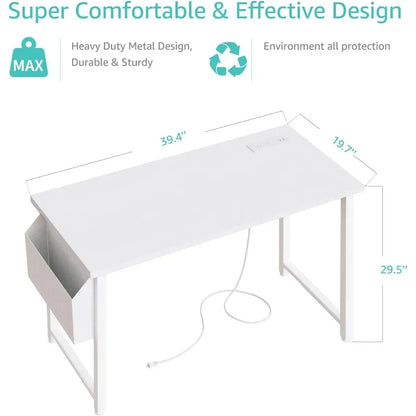 Escritorio de computadora blanco de 39 pulgadas con toma de corriente, mesa plegable, muebles para habitación, escritorios de estudio, lectura, juegos, accesorios de oficina