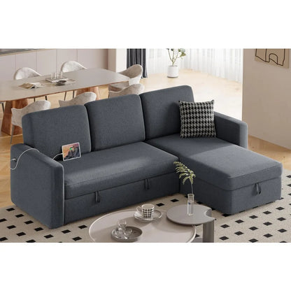 Sectional Sofa L-Shaped Sofa Couch Bed w/Chaise & USB, Reversible Couch Sleeper w/Pull Out Bed & Storage Space, Pull Out Couch