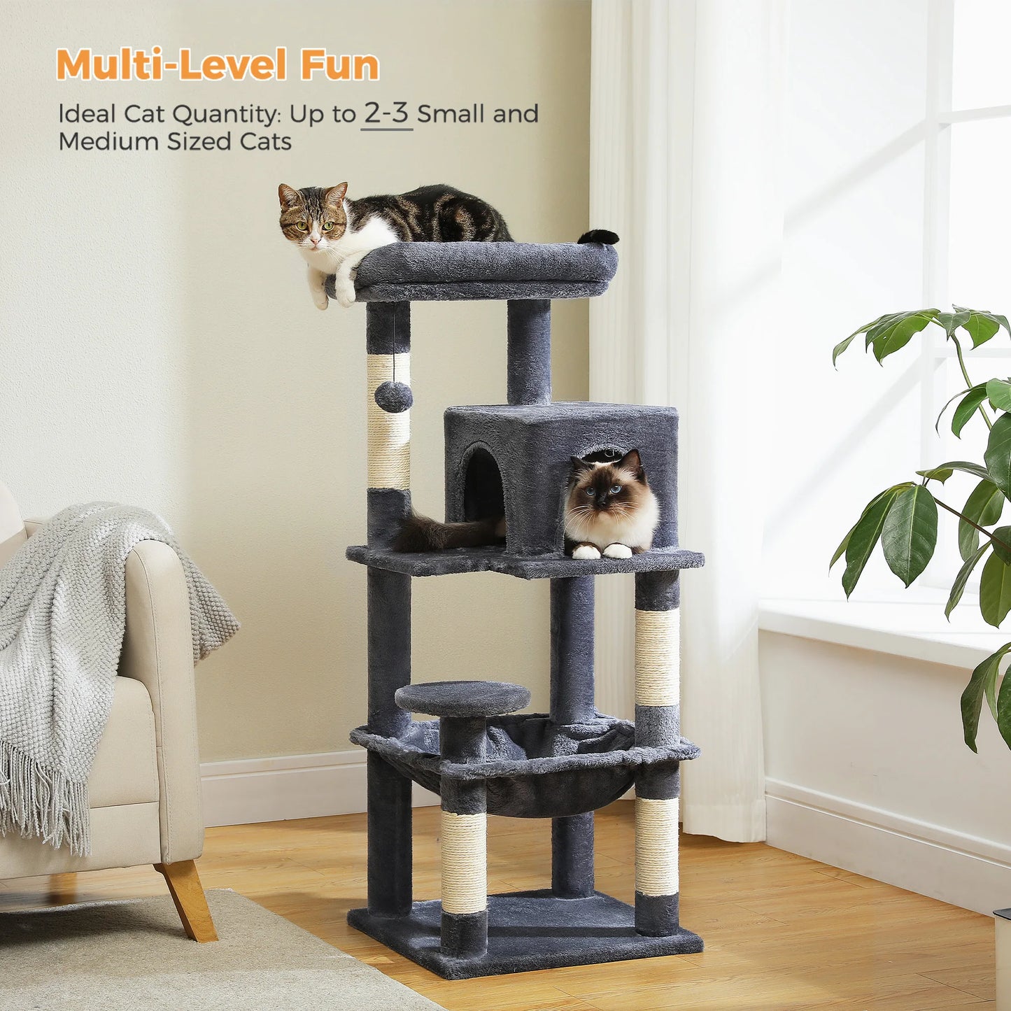 Arbre à chat à plusieurs niveaux avec hamac, condo pour chat, tour pour chat pour grattoir d'intérieur, poteaux à gratter pour chats, maison pour chaton, lit, jouets pour chats