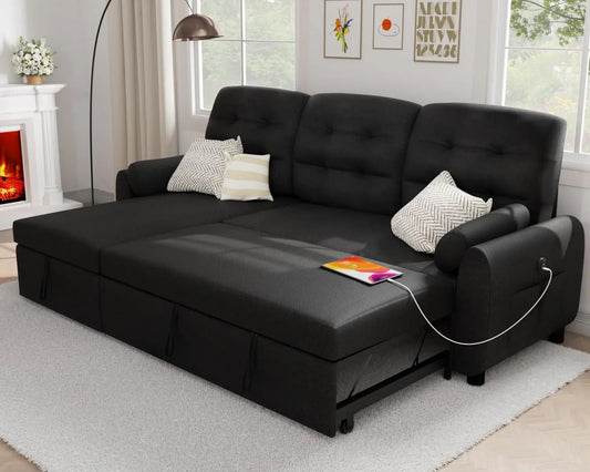 Sectional Sofa Couch, Sleeper Sofa Bed with Reversible Storage Chaise Pull Out Couch | Charging Station | Removable Backrest