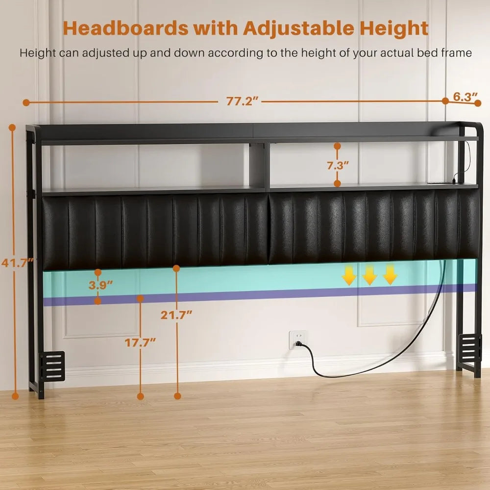 Headboard for King Size Bed Frame, Upholstered Headboards with Outlets, USB Ports and LED Light, Leather Head Board with Storage