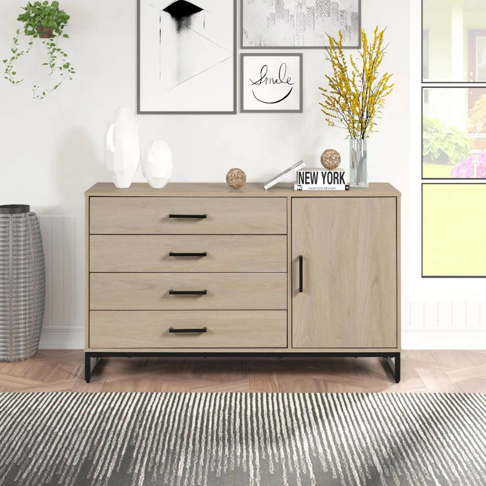 Commode industrielle à 4 tiroirs avec armoire à portes, coiffeuse de luxe en chêne beige, sans frais de transport, pour table de maquillage de chambre à coucher