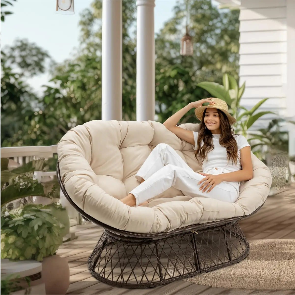 Double Papasan Chair Loveseat with Beige Cushion and Brown Frame for Indoor and Outdoor Use