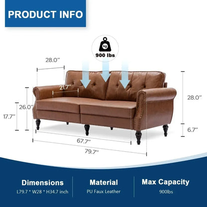 80” Leather Faux Sofa, Mid-Century Modern Couch with Soft , Perfect Furniture for Living Room, Bedroom, Small Space.(Brown)