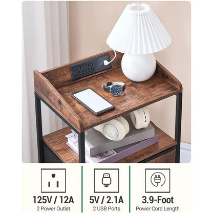 Nightstands Set of 2 with LED Lights and Charging Station,Bedside Table 2 Fabric Storage Drawers,USB Ports Power Outlets,Brown