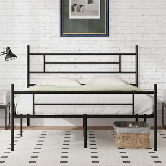 Marco de cama de tamaño completo con cabecera y pie de cama, plataforma de metal de 14 pulgadas, almacenamiento debajo de la cama, soporte de listones de metal resistente, marco de cama