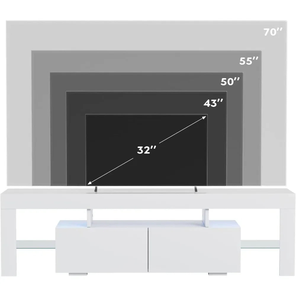 Meuble TV LED moderne pour téléviseurs jusqu'à 70 pouces avec étagères et tiroir en verre, centre de divertissement de jeu pour le salon