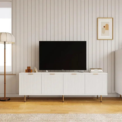 Meuble TV moderne du milieu du siècle pour téléviseur de 80 pouces, meuble TV en bois pour centre de divertissement avec 4 grands tiroirs, console TV, table multimédia