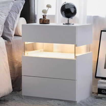 White Nightstands Set of 2 LED Nightstand White with Drawers Set of 2 Bedside Tables White LED Lights for Bedroom Living Room