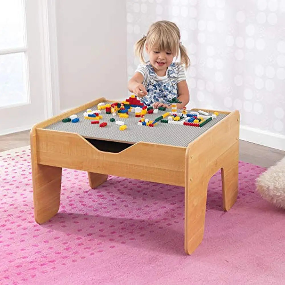 Interactive Wooden Activity Table with 195 Building Bricks and Hidden Storage Gray & Natural Theme