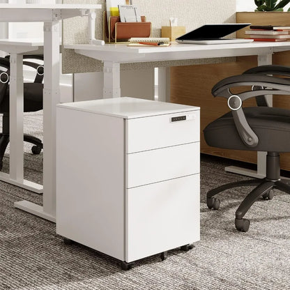 3-Drawer Mobile File Cabinet with Smart Lock, Pre-Assembled Steel Pedestal Under Desk, White