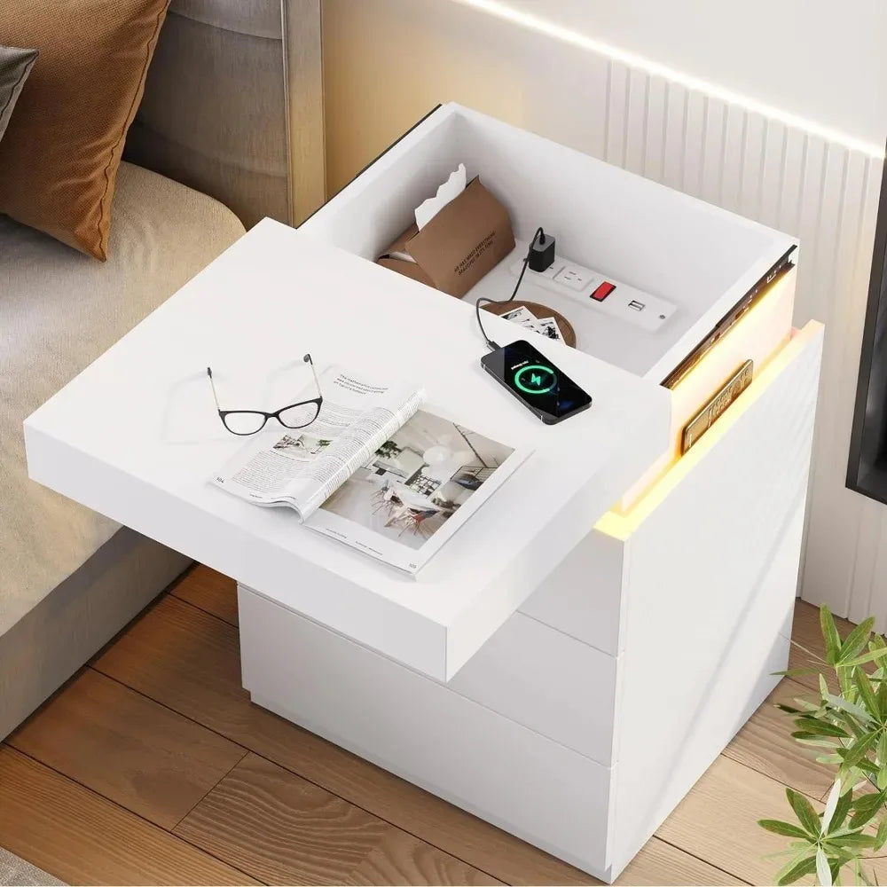 Ensemble de 2 tables de nuit à LED, table de nuit avec station de charge et plateau coulissant, table de chevet pour chambre à coucher, ensemble de 2