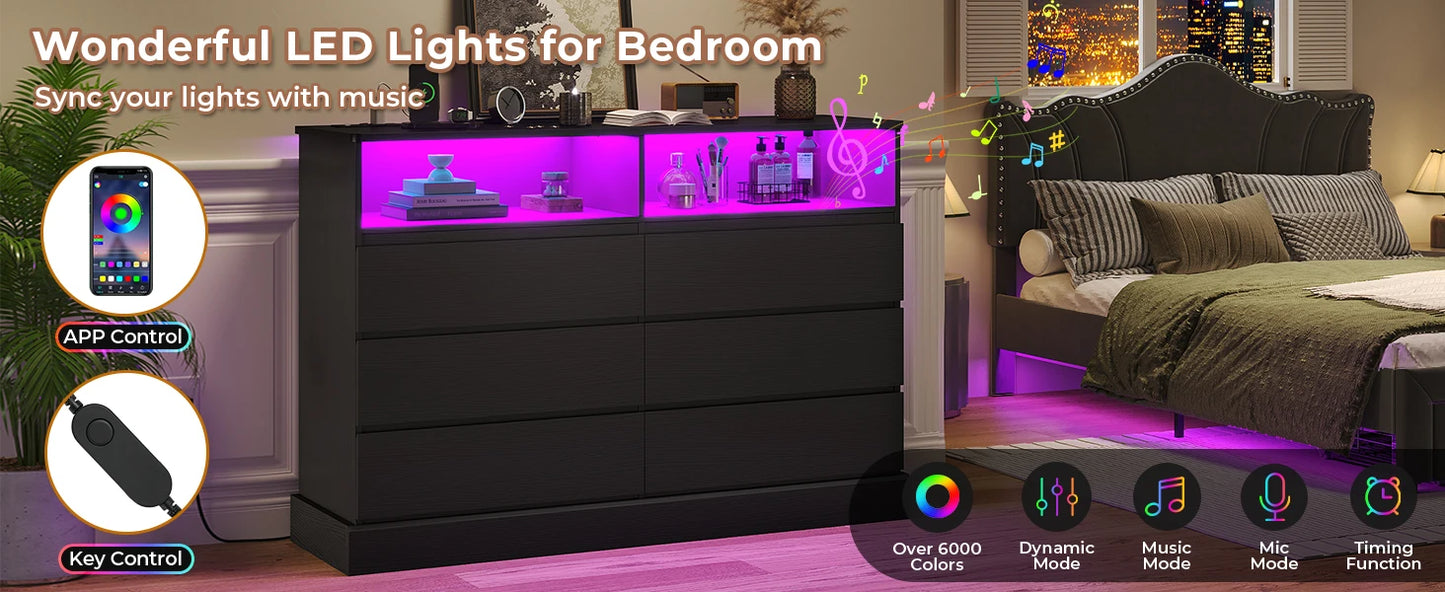 Black Dresser with LED Lights and Charging Station, 51.2" Long Dresser Chest,Modern 6 Drawer Dresser for Bedroom, Living Room