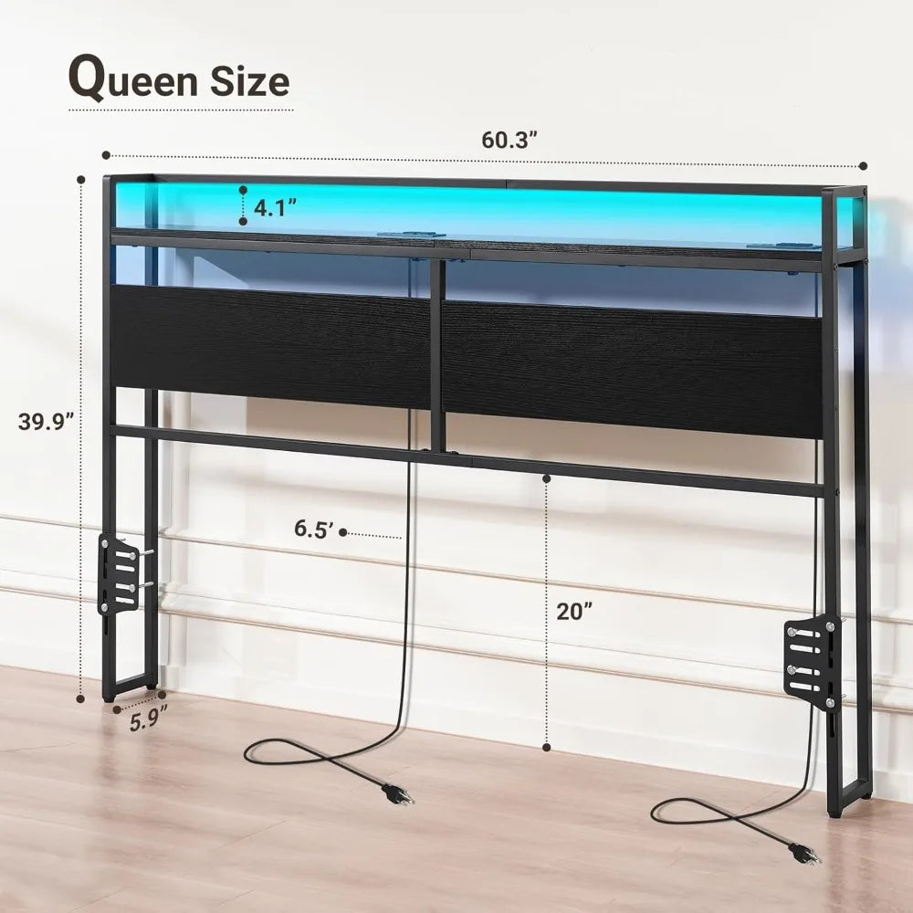 Queen Size Headboard Only with Power Outlet & Colorful LED Strip Light, Headboard for Adaptable Bed Frame Brackets Adapter