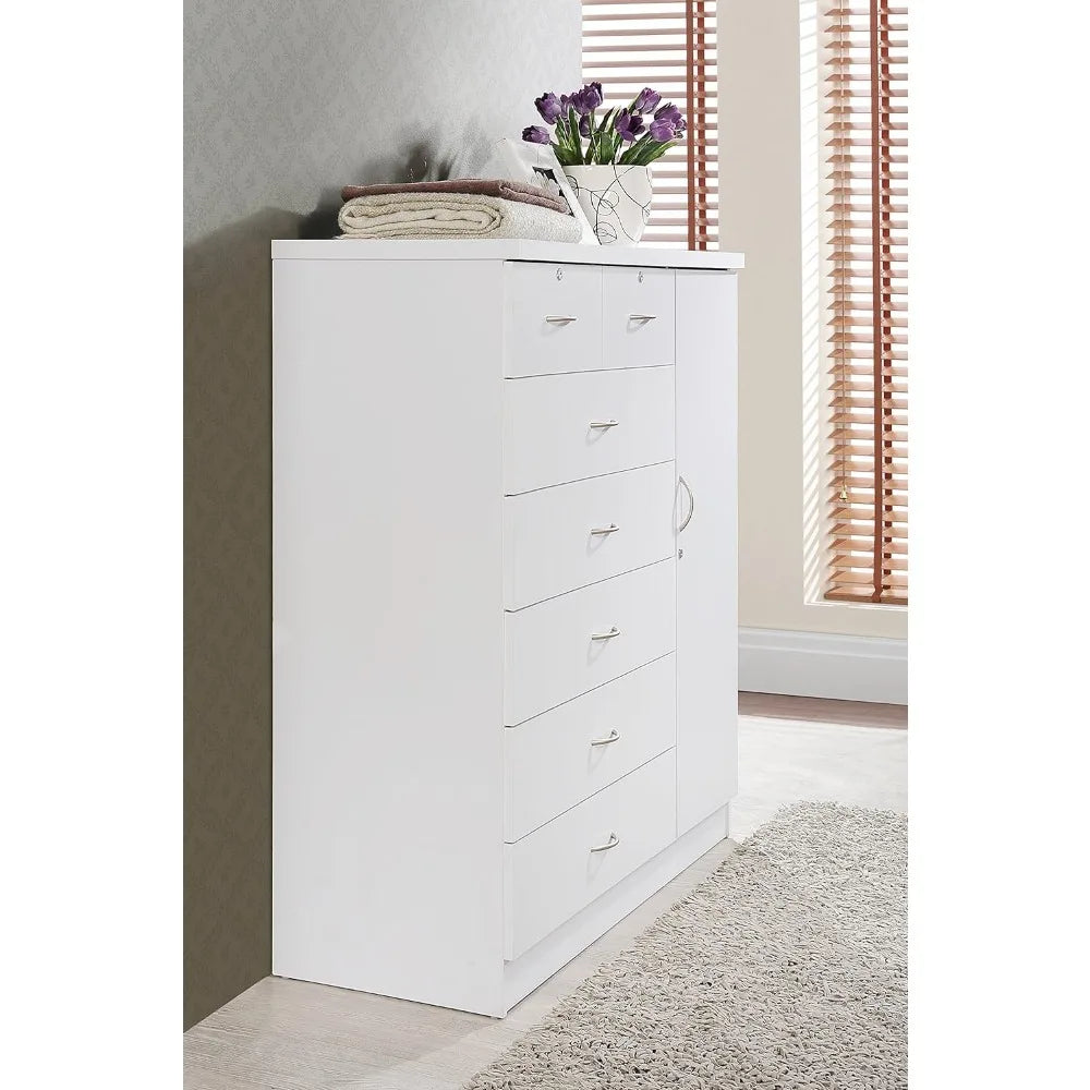 Hodedah 7 Drawer Jumbo Chest, Five Large Drawers, Two Smaller Drawers with Two Lock, Hanging Rod, and Three Shelves | White