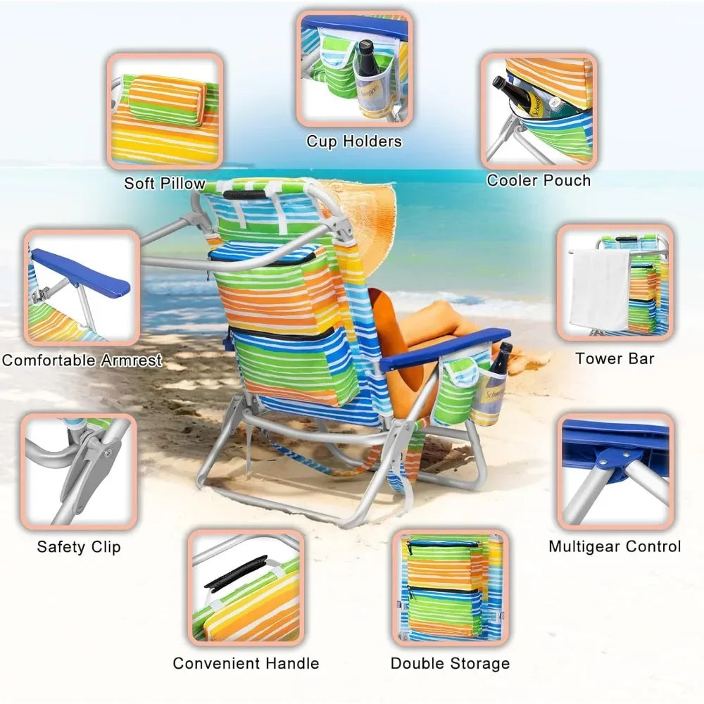 Beach Chairs for Adults - Folding Heavy Duty Camping Chair with Storage Pouch, Cup Holder & Towel Rack, Lightweight