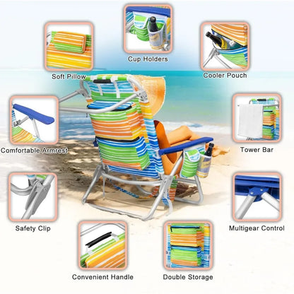 Beach Chairs for Adults - Folding Heavy Duty Camping Chair with Storage Pouch, Cup Holder & Towel Rack, Lightweight