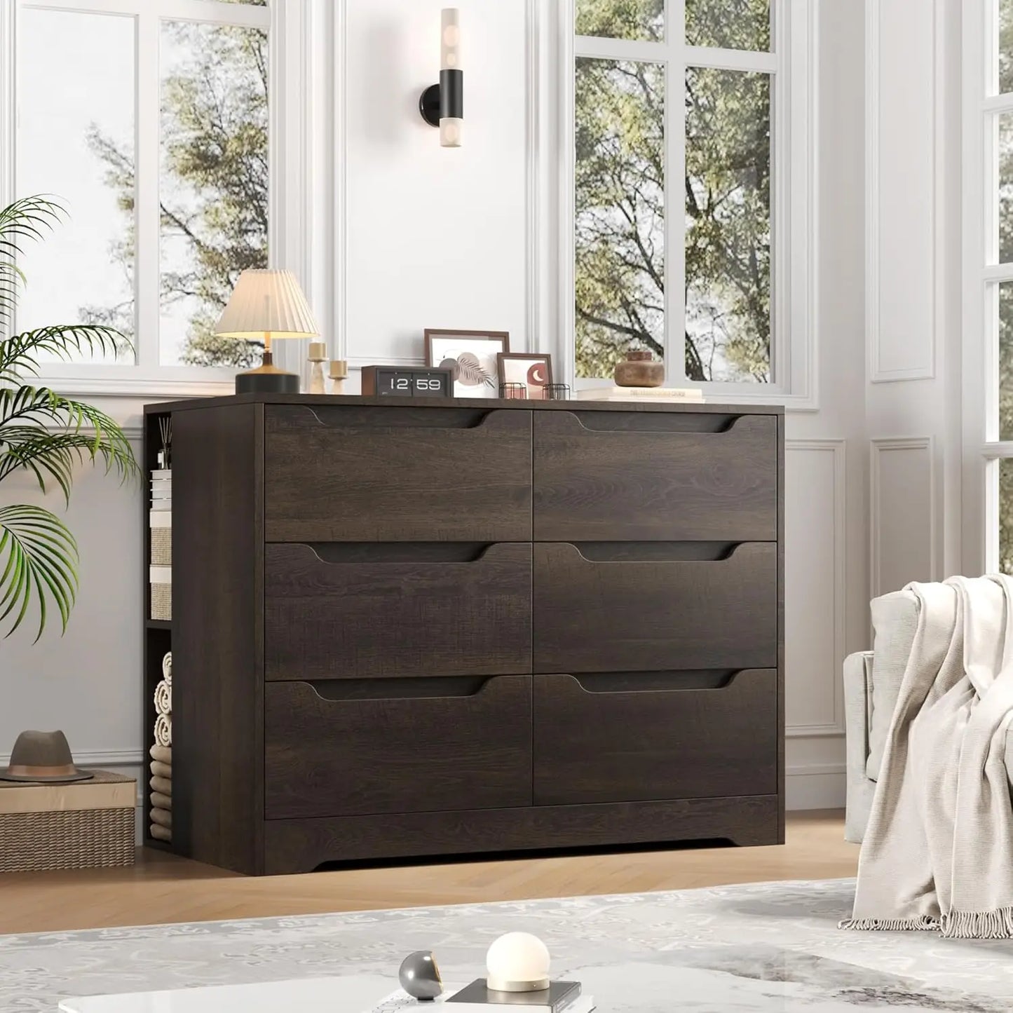 Commode à 6 tiroirs pour chambre à coucher, commode avec 4 compartiments, commode en bois avec poignées découpées