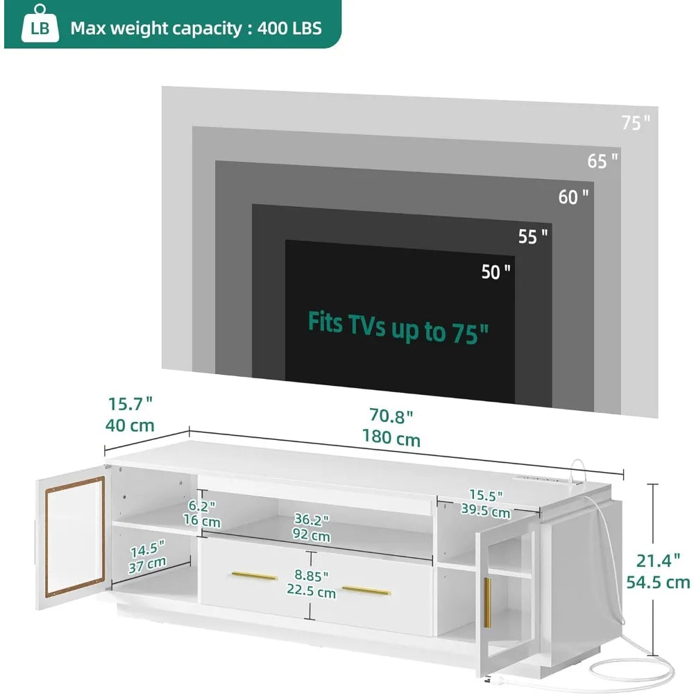 TV Stand for TVs Up to 75” W/LED Power Outlets Living Room Cabinet White & Gold Dressers 70 Inches Modular Furniture Tv Salon