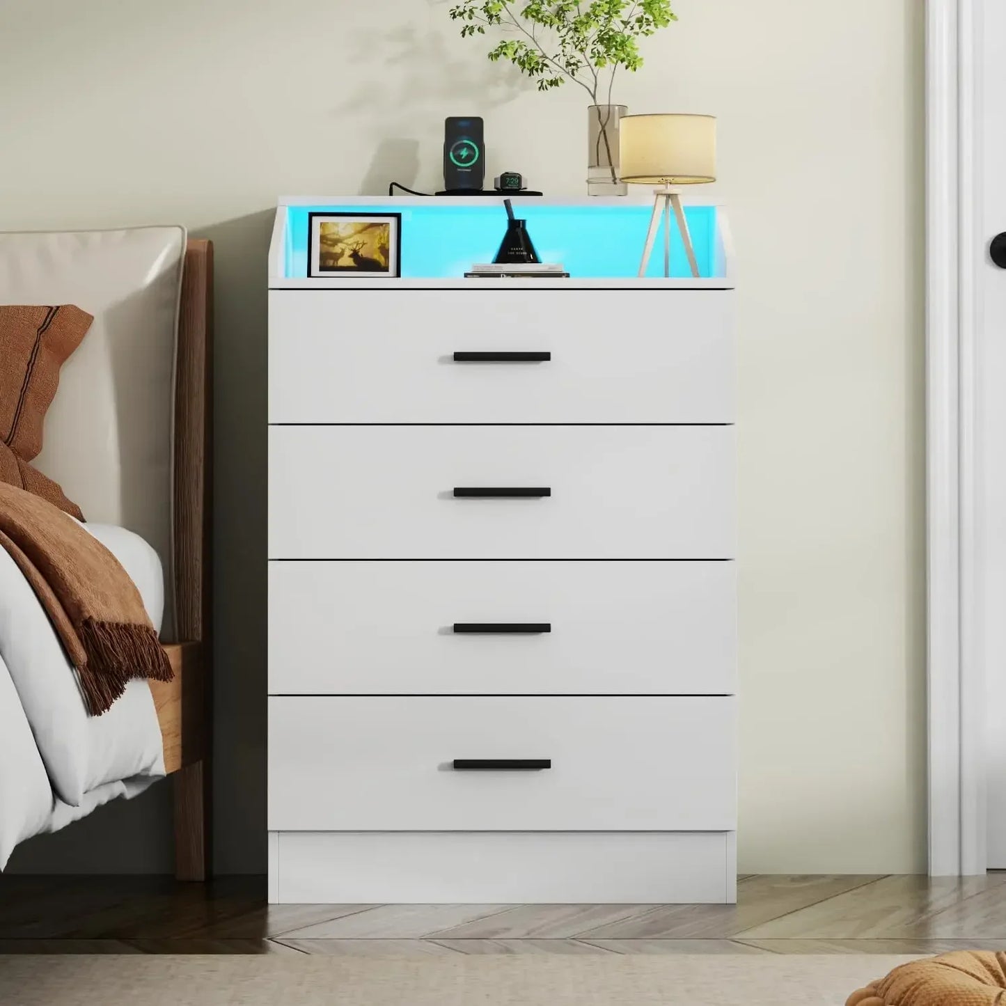 Dresser with Power Outlet, Chest of Drawers with LED Light, White Dresser Organizer with Open Storage Cubby, Modern Nightshatnd