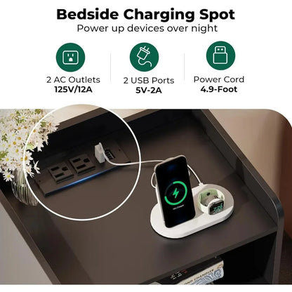 Table de chevet avec station de charge et lumières LED, ensemble de 2 tables de chevet, tables d'appoint avec tiroir