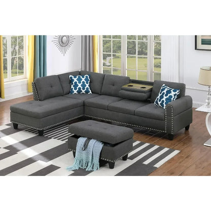 Living Room Sofa Set, 98-Inch L-Shaped Couch with Storage, Left Facing Chaise, 2 Cup Holders, 2 Throw Pillows, Dark Gray