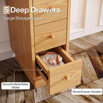 5-Drawer Dresser, Wood Narrow Dresser for Bedroom, Tall Skinny Chest of Drawers, Slim Storage Organizer Lingerie Chest, Oak