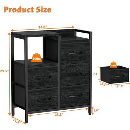 Commode pour chambre à coucher avec 5 tiroirs en tissu, petite commode avec étagère de rangement à 2 niveaux pour chevet, placard, entrée