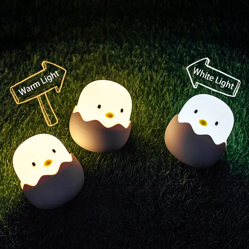 Luz de noche con forma de pollo y cáscara de huevo, luz LED de dibujos animados para dormitorio de niños, luz táctil ajustable, luz cálida recargable, luz de ambiente