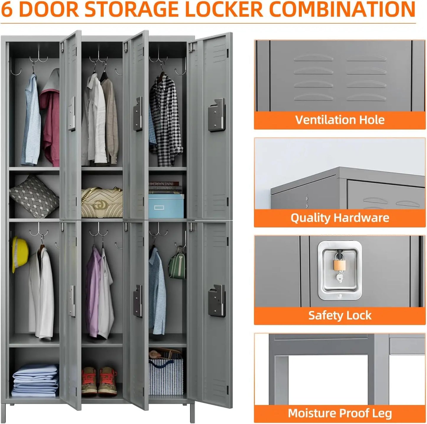 Lockers - 6 Lockable Door Locker Cabinet,72 Inch Tall Storage Locker for Employee,Home Office,Gym,School