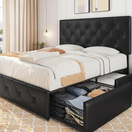 Queen Size Upholstered Frame 4 Drawers And Adjustable Headboard, Faux Leather Platform Bed With Mattress Foun