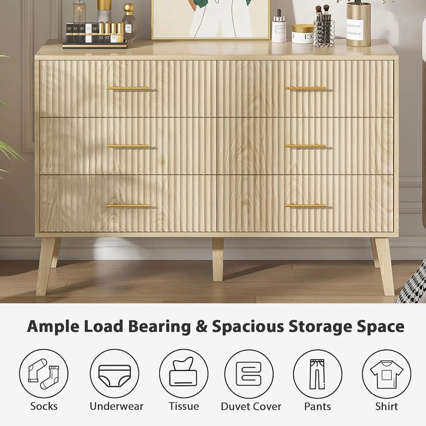 6 Drawer Dresser, Modern Closet Dressers Chest of Drawers with Fluted Panel, Living Room Bedroom Nursery Entryway & Hallway