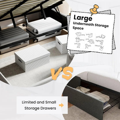 King Size Lift Up Storage Bed/Modern Wingback Headboard/Upholstered Platform Bed Frame/Hydraulic Storage/Wood Slats Support