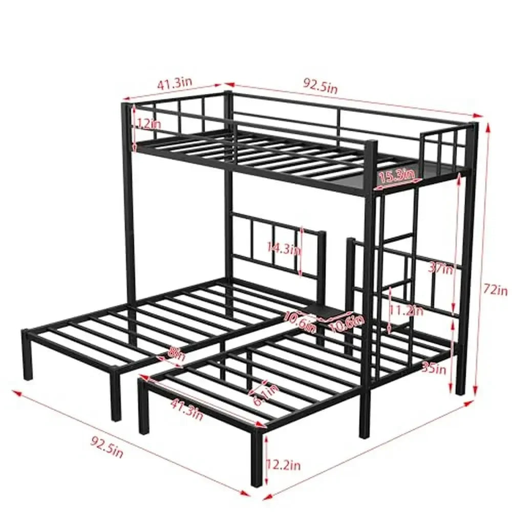 Literas triples de metal para niños y adolescentes que ahorran espacio. Literas de tres camas que se pueden separar en tres camas individuales. Barandillas de longitud completa. Resistentes.