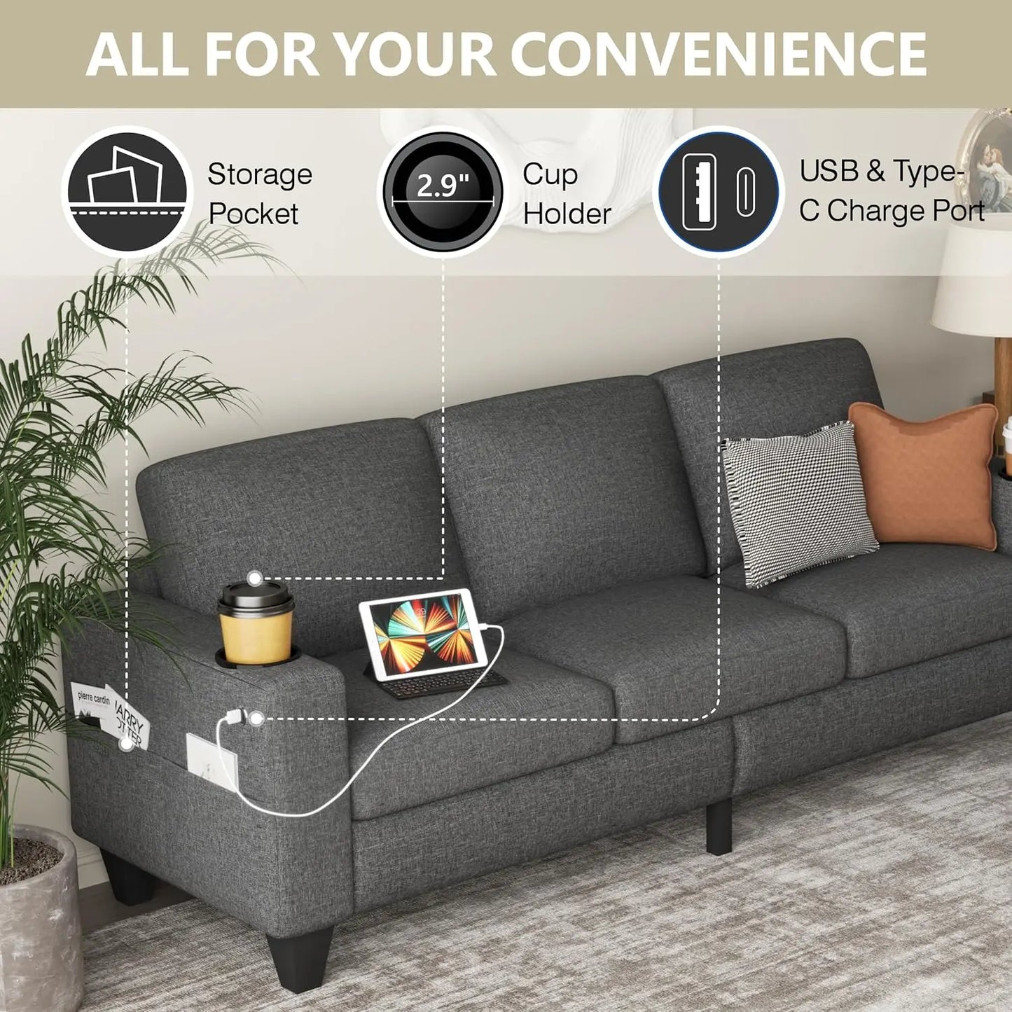 L Shape Sectional Sofa Couch with USB & Type-C Charge Port and Cup Holders,Modern Linen Sofa Set with Storage Ottoman & Pockets