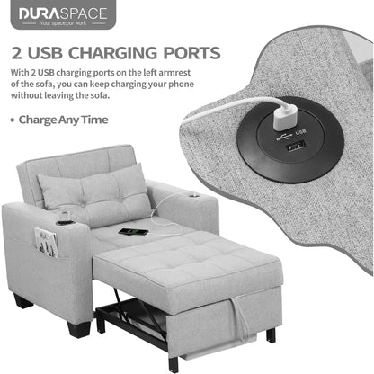 Sofa bed with convertible three in one USB port pull-out bed, living room armchair bed (light gray linen)