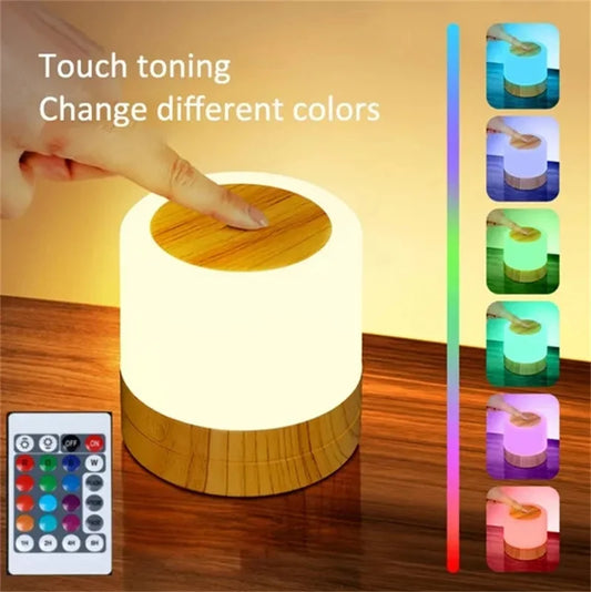 Lámpara de noche de 7 colores con sensor táctil LED regulable, lámpara de mesita de noche de madera con brillo ajustable táctil, control remoto