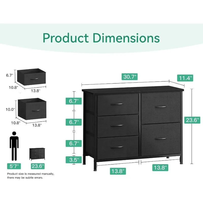 Cómoda para dormitorio, mueble de TV con 5 cajones de almacenamiento, cómoda pequeña de tela