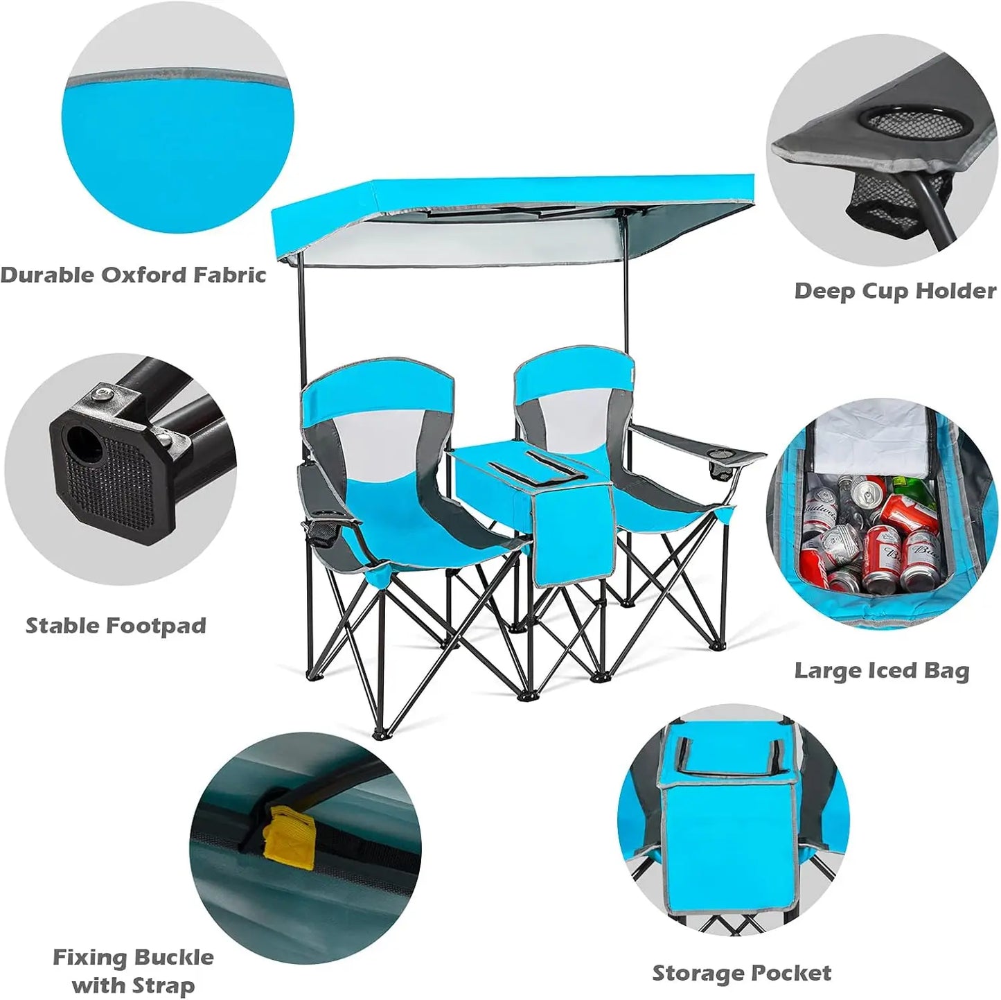 Double Beach Chair with Canopy Shade, Folding Lawn Camping Chairs with Sunshade & Mini Table Beverage Holder&Carrying Bag